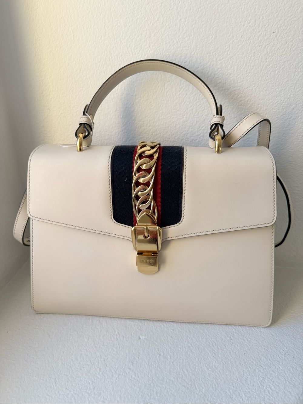 Gucci Cream Leather Top Handle Satchel with Navy & Red Web and Gold Chain